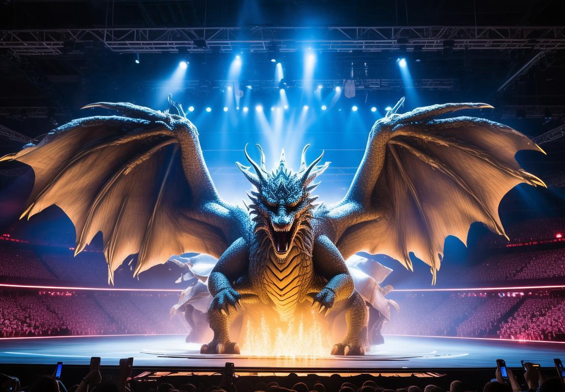 S15LOL全球总决赛开幕式震撼全场，虚拟远古龙绕场飞行。